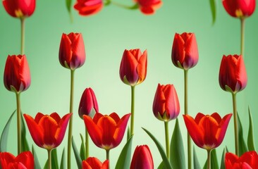 Beautiful background of fresh flowers red tulips. Colorful tulip flowers decoration. Greeting card for spring holidays. Template for Birthday, Women's Day, Mother's Day. Floral picture.