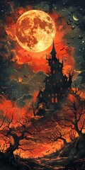 A spooky castle with a blood moon in the background