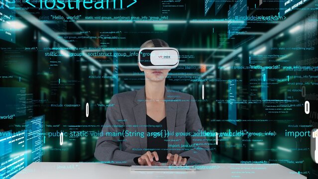 IT developer typing computer code for analyzing intelligent website development coder system data selection by VR innovation interface digital network technology visual hologram server. Contraption.