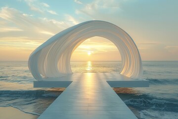 Modern minimal white fabric structure on the beach at sunset