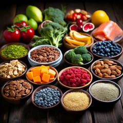 A variety of healthy food including fruits, vegetables, nuts, and seeds