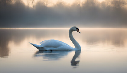 Fototapeta premium Serene Swan Gliding on Misty Waters at Dawn, Generative AI