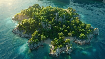 Small rocky island with green vegetation and a small sandy beach in the middle of the ocean
