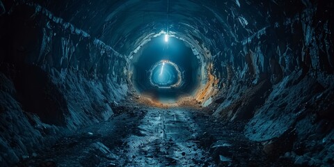 Dark Glowing Mysterious Underground Mine Tunnel
