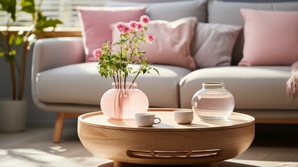 Fototapeta na wymiar Elegant living room interior with stylish furniture and pink flowers in vase on round wooden table