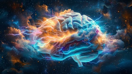 Naklejka premium Brain with lightning bolts and glowing stars