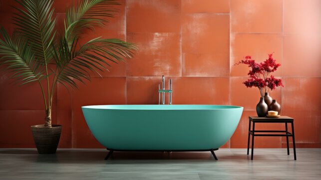 Teal bathtub in a room with terracotta tiles