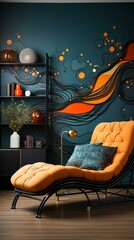 Blue and orange retro style living room interior design