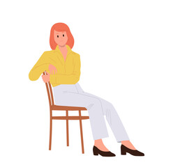 Positive woman cartoon character sitting on chair and listening with interest isolated on white