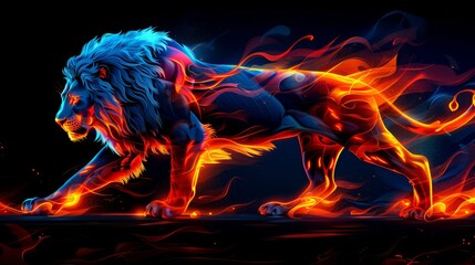 A lion with a glowing mane on a black background. A magical creature made of fire.