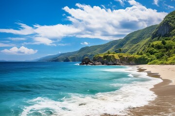 Fototapeta na wymiar Beautiful beach landscape with blue sea and green mountains