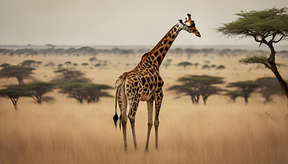 Majestic Giraffe Strolling through African Savanna at Dusk, Generative AI