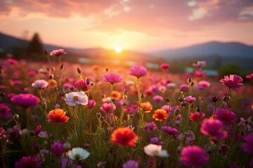 Obraz na płótnie Canvas Field of flowers at sunset