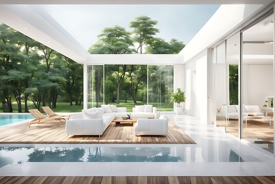 Modern style white house interior with wooden terrace 3d render decorated with white furniture There are large open sliding door Overlooking swimming pool and nature view