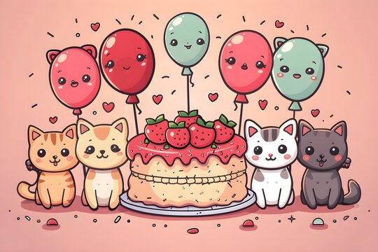 Happy Birthday cartoony image with cats. Cool wallpaper of birthday. Happiness birthday image.
