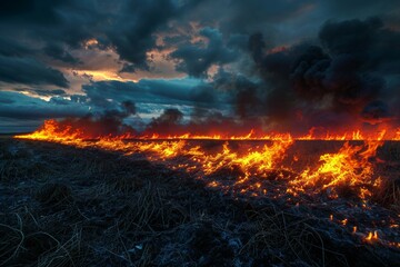 A field of fire is burning in the distance