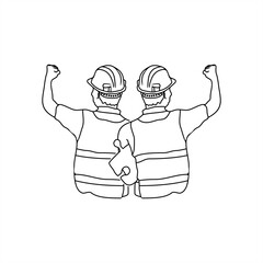 line art illustration of construction workers side by side. carrying puzzle pieces. wearing a helmet. for a labor day theme.