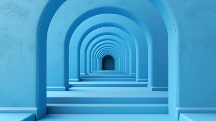 Blue arched hallway with a dark doorway at the end