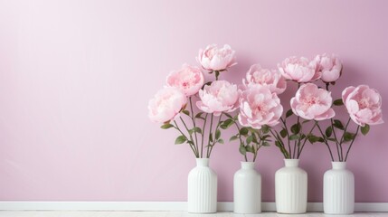 Pink peonies in white vases against a pink background