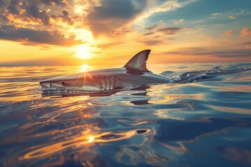 A shark is swimming in the ocean at sunset