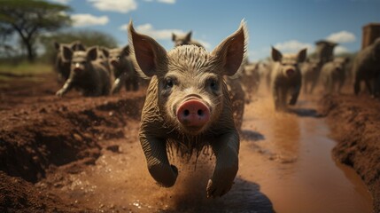 A cute piglet running in the mud