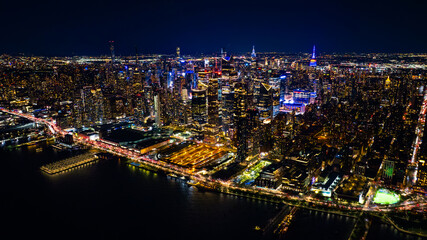 Night scenery of New York, the USA with fantastic illumination. Skyscrapers in the scenery of...