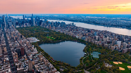 Scenic view of Central Park in the cityscape of New York, the USA. Aerial perspective. Enormous...