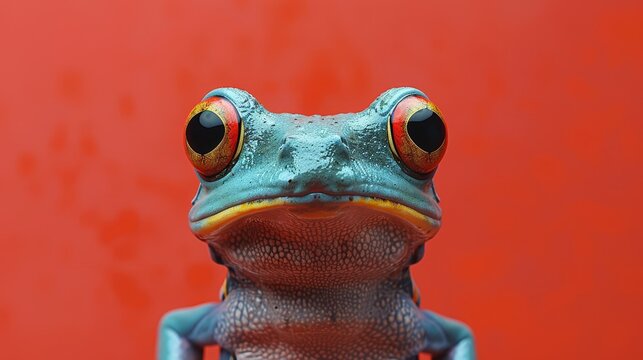   A close-up of a frog's face against a red backdrop