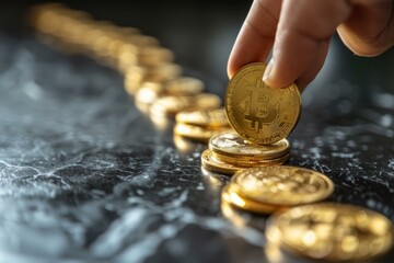 A hand placing a gold Bitcoin on a stack of Bitcoins - obrazy, fototapety, plakaty