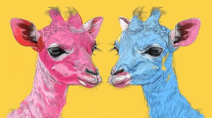 Fototapeta premium Two giraffes facing each other on a yellow backdrop One giraffe is blue and the other is pink
