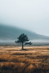 A lonely tree stands in a field of tall grass with a mountain in the background