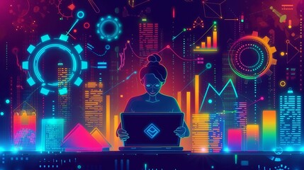 A woman using a laptop in a digital city