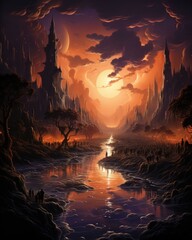 An epic fantasy landscape painting of a ruined city with a river flowing through it