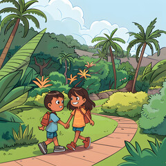 Joyful Cousins Walking in a Cartoon-Colombian Park - Kids Adventure Illustration