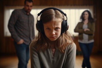 Upset girl wearing noise canceling headphones escapes screams of quarreling parents in the background