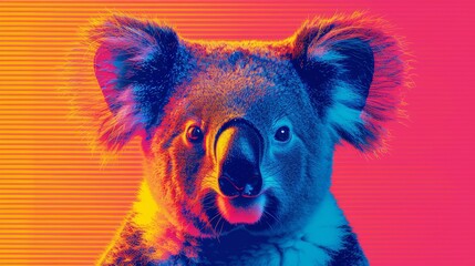 Fototapeta premium A koala up-close against a pink and blue foreground, a red and yellow background receding