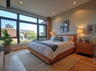 Modern bedroom with large windows and a comfortable bed