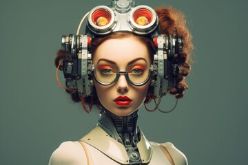 Portrait of a cyborg woman with makeup wearing glasses