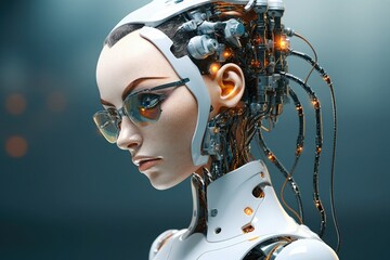 Side portrait of a cyborg with a female face with mechanisms visible at the back of its head