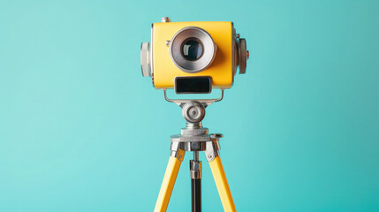 Yellow vintage camera on a tripod on a turquoise background
