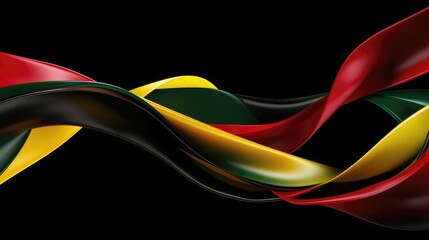 Abstract background with flowing ribbons in colors of Juneteenth on black background