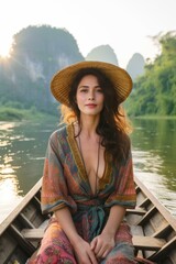 beautiful woman in straw hat relaxing in boat on river with green mountain background