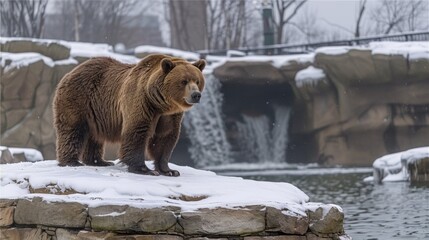 A brown bear standing on a rock in front of water, AI