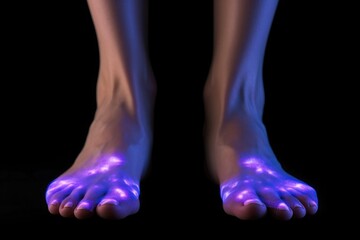 Feet affected by fungal disease visible under ultraviolet light

