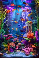 Obraz na płótnie Canvas Whimsical and Psychedelic Visualization of a Vibrant and Unusual Aquatic Life in a Fish Tank
