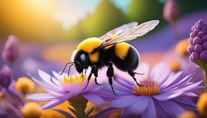 A fuzzy bumblebee busily pollinating a bright purple flower, with a soft, blurred background 