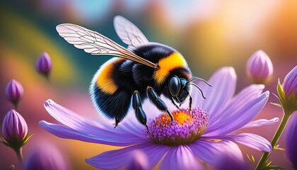 A fuzzy bumblebee busily pollinating a bright purple flower, with a soft, blurred background 