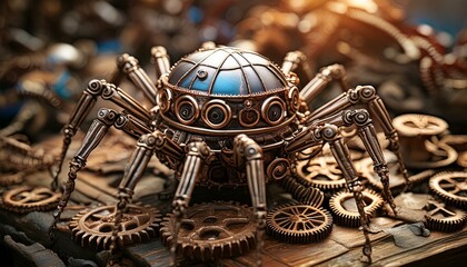 A mechanical spider with intricate clockwork and steampunk detailing, resting on a pile 