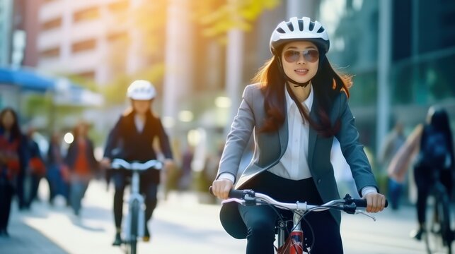 Asian businesswoman go to work at office stand and smiling wear backpack with bicycle on street around building on a city. Bike commuting, Commute on bike, Business commuter concept.