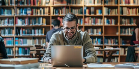 Young male student using laptop in library